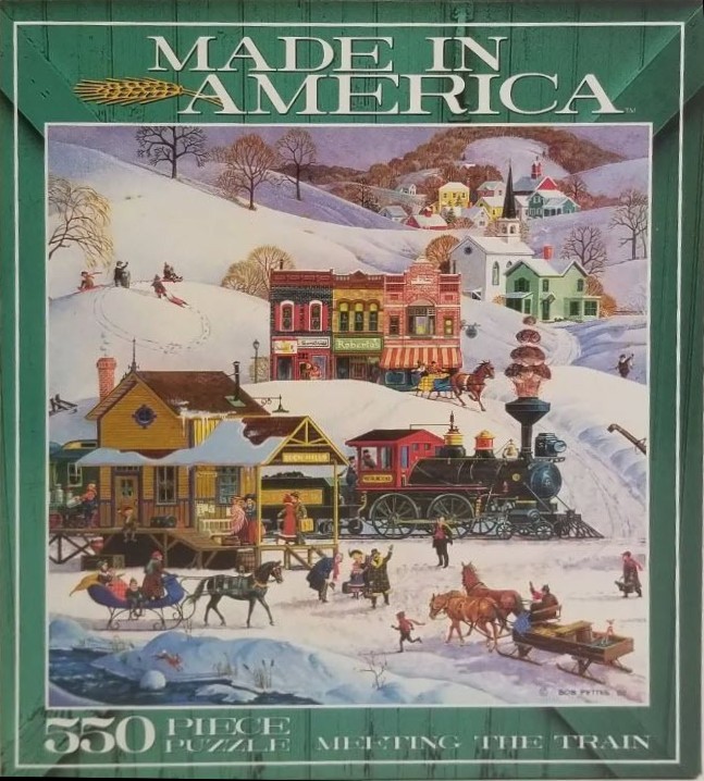 A festive winter scene showing a steam train arriving at a small town station with people and horse-drawn sleighs.