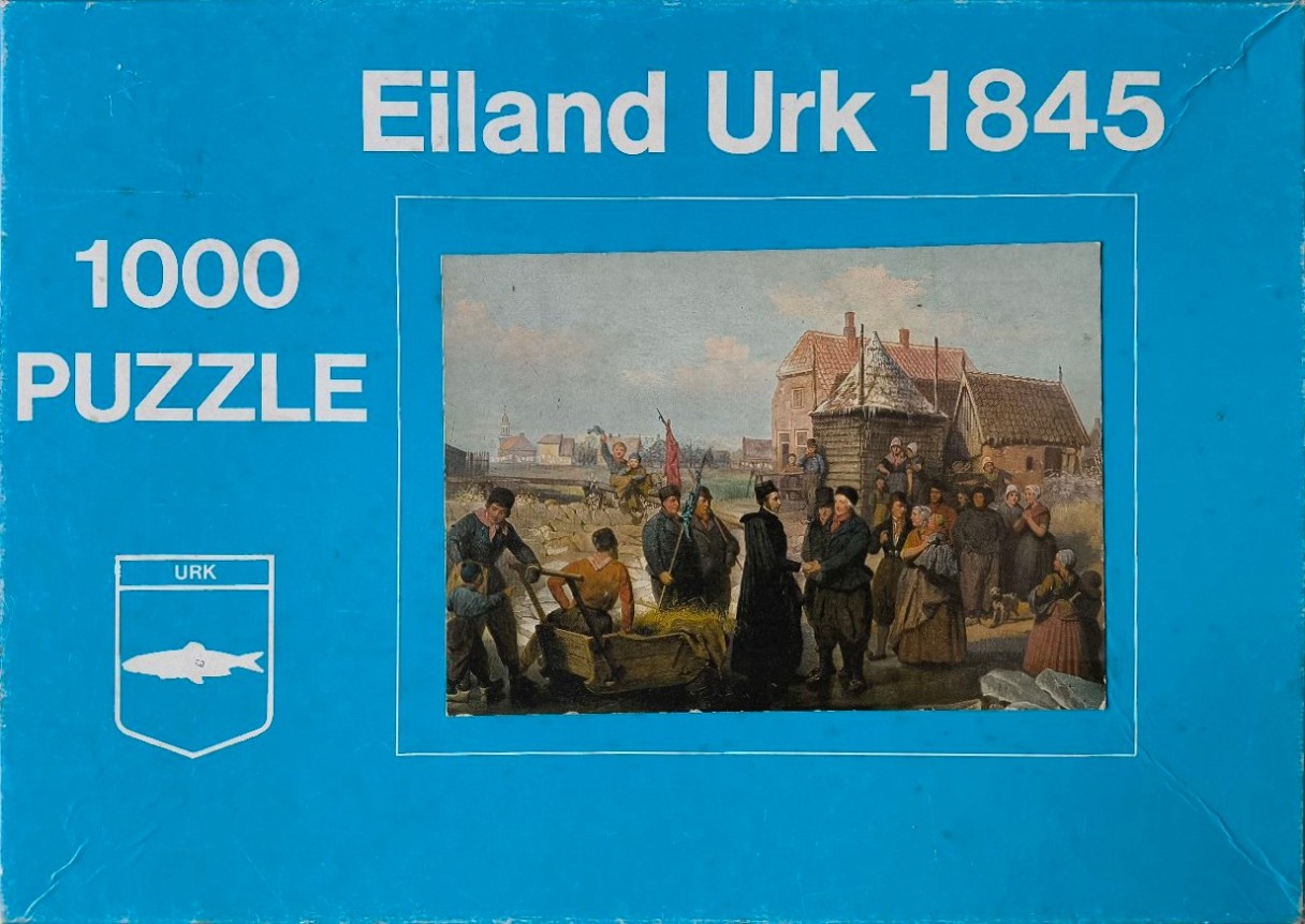 A 19th-century historical painting of village life in Urk, featuring locals in traditional attire.