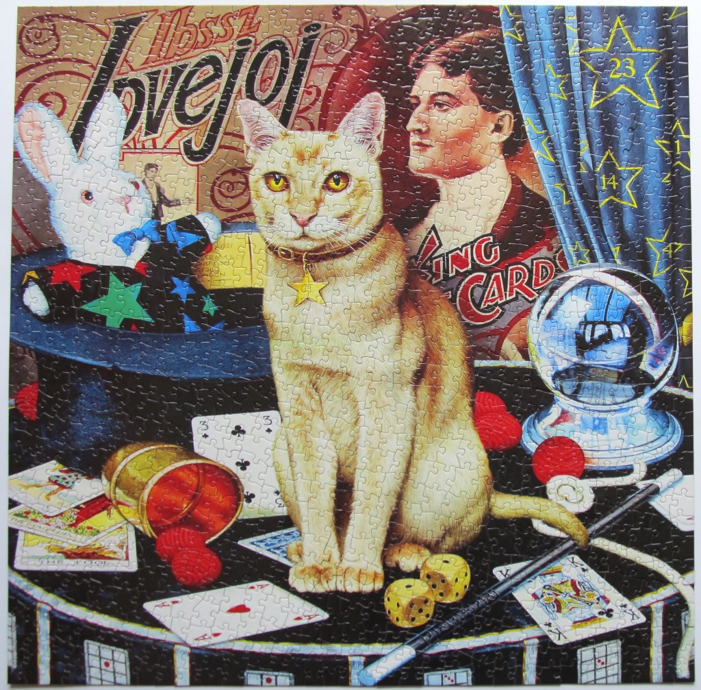 A ginger cat sits on a table surrounded by magician's props including a top hat, crystal ball, cards, and dice.