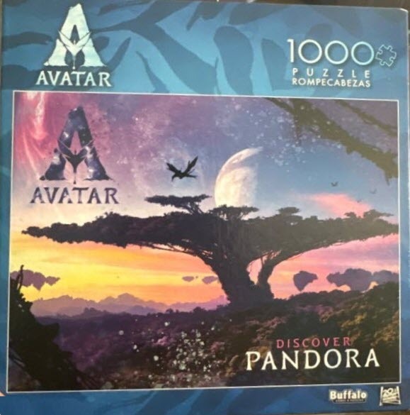 An illustration of the landscape of Pandora at dusk with a large tree and floating islands against a nebula sky.