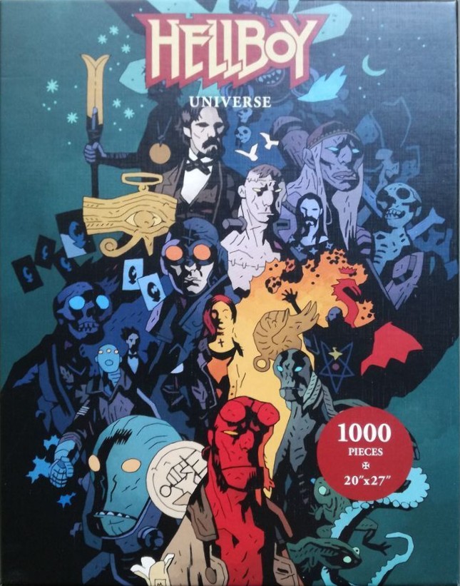 Comic book style illustration featuring Hellboy and a variety of supernatural characters from the Hellboy Universe.