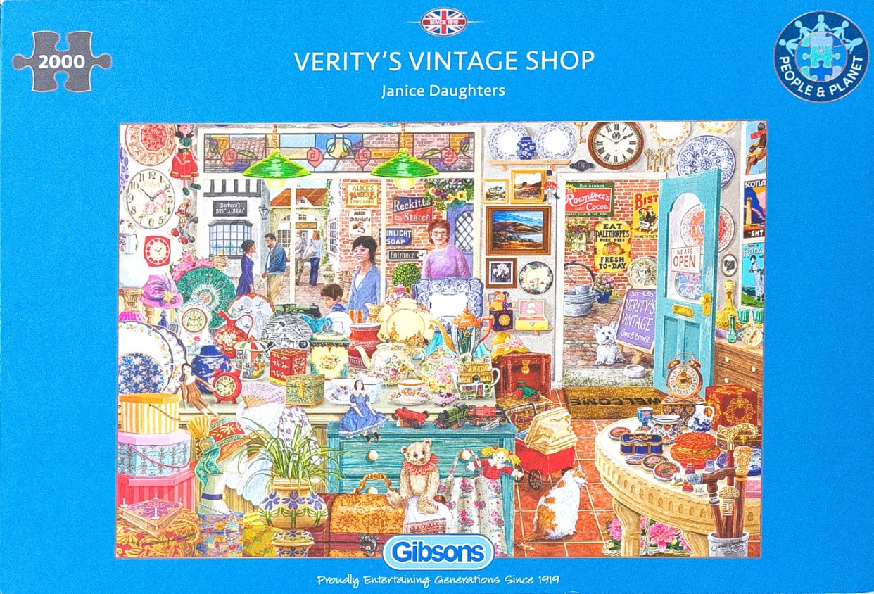 An illustration of a bustling vintage antique shop filled with ceramics, collectibles, and curious shoppers.