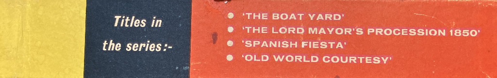 A list of four titles printed on a background of yellow, dark blue, and orange panels.