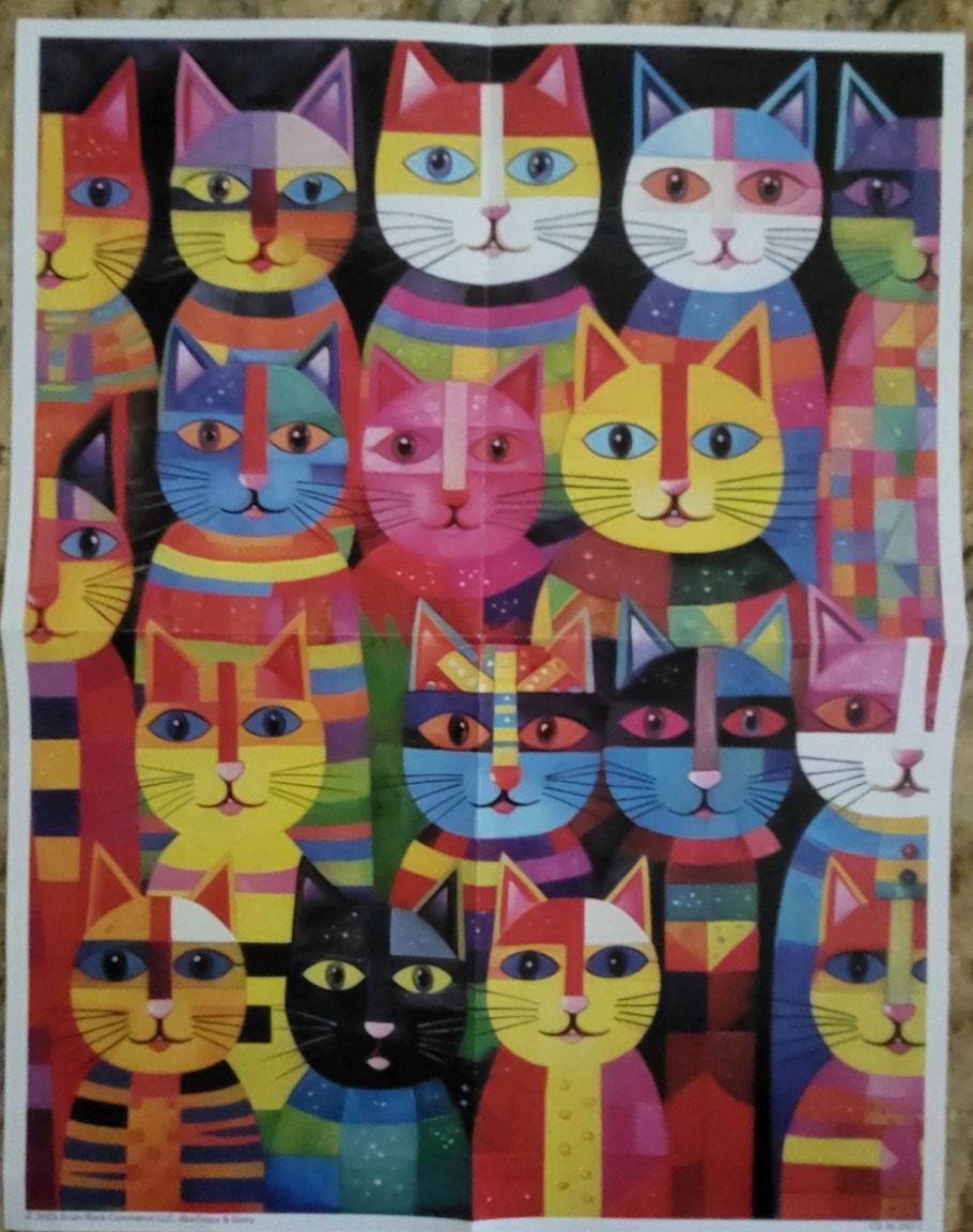 A grid of colorful, stylized cats with geometric patterns and bright, contrasting colors.