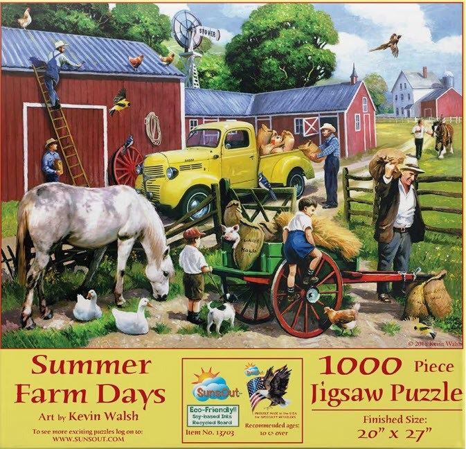 A nostalgic rural scene featuring a yellow vintage truck, a farm worker, a white horse, and children on a sunny farmstead.