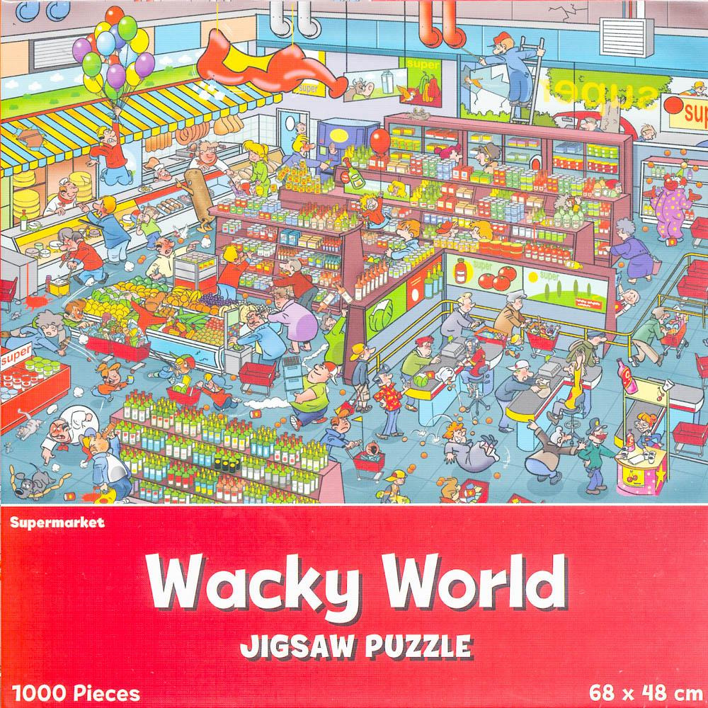 A busy cartoon illustration of a chaotic supermarket interior with many shoppers and mishaps.