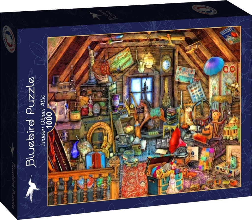 A cluttered, cozy attic filled with vintage toys, antiques, and miscellaneous treasures.