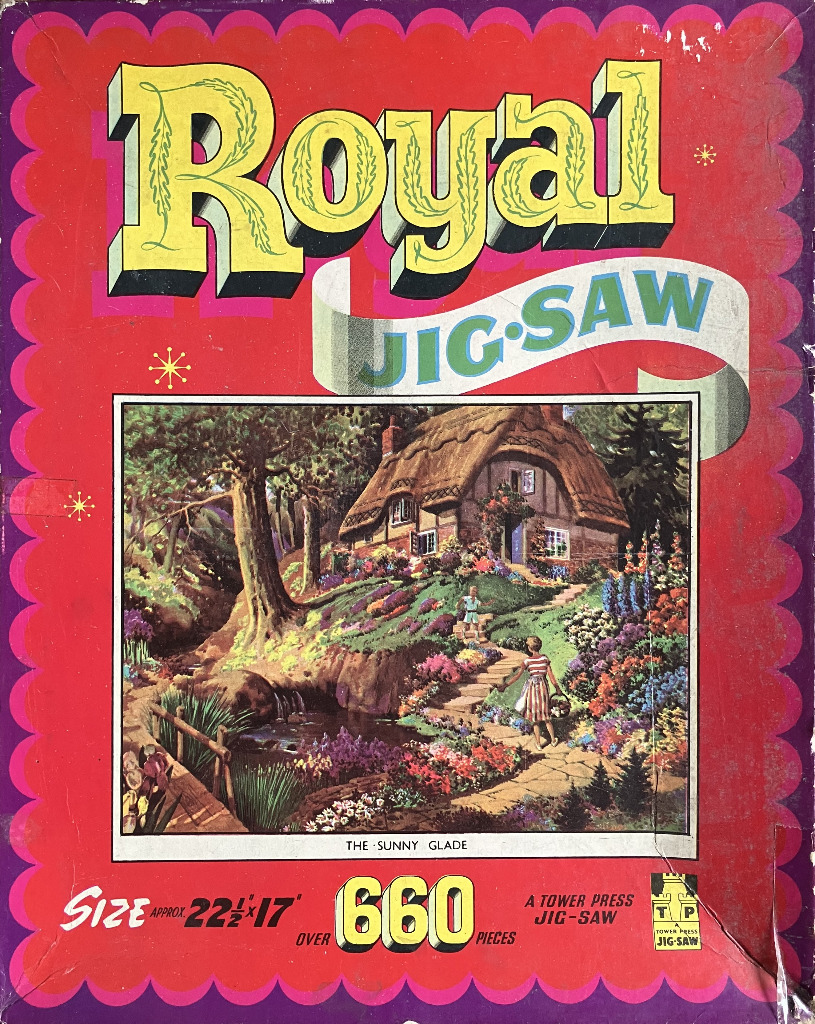 An idyllic illustration of a thatched-roof cottage in a vibrant, blooming garden with two children on a stone path.