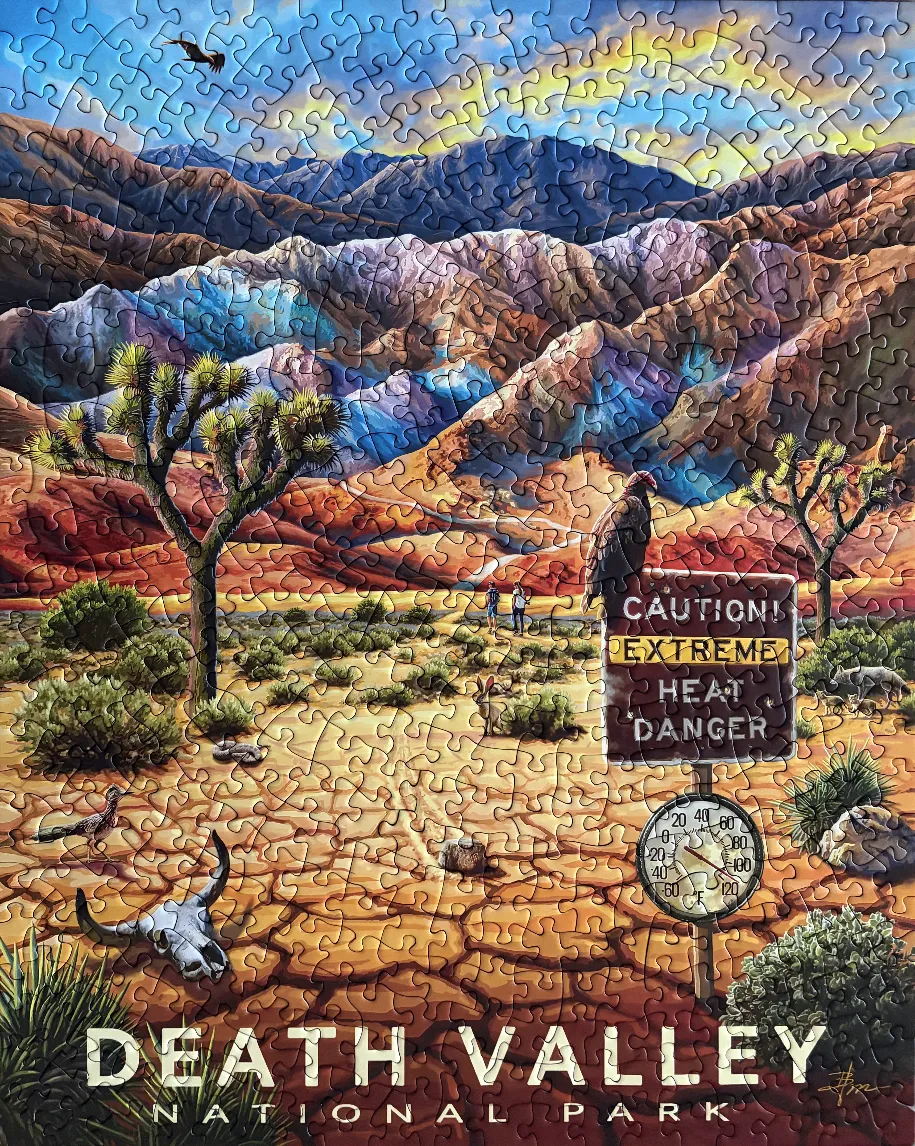 Artistic illustration of Death Valley National Park featuring mountains, desert plants, and a heat warning sign.