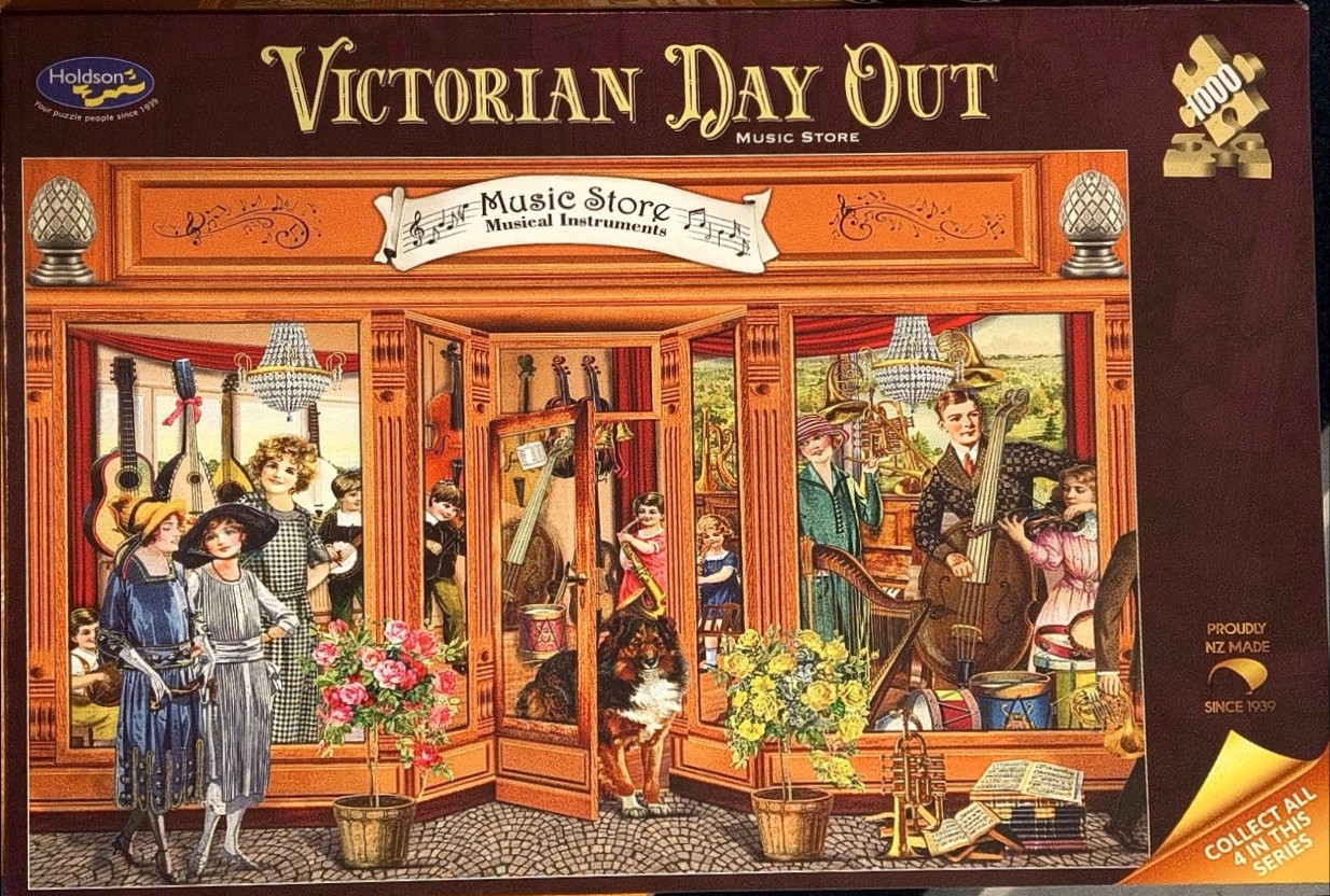 Illustration of a Victorian music store with musicians, customers, and period instruments.