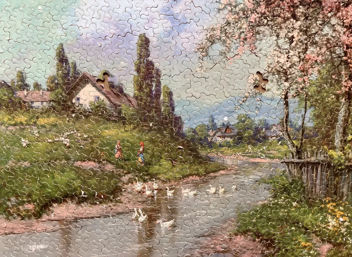 A peaceful pastoral scene featuring a stream, a village with cottages, and people tending to geese in spring.