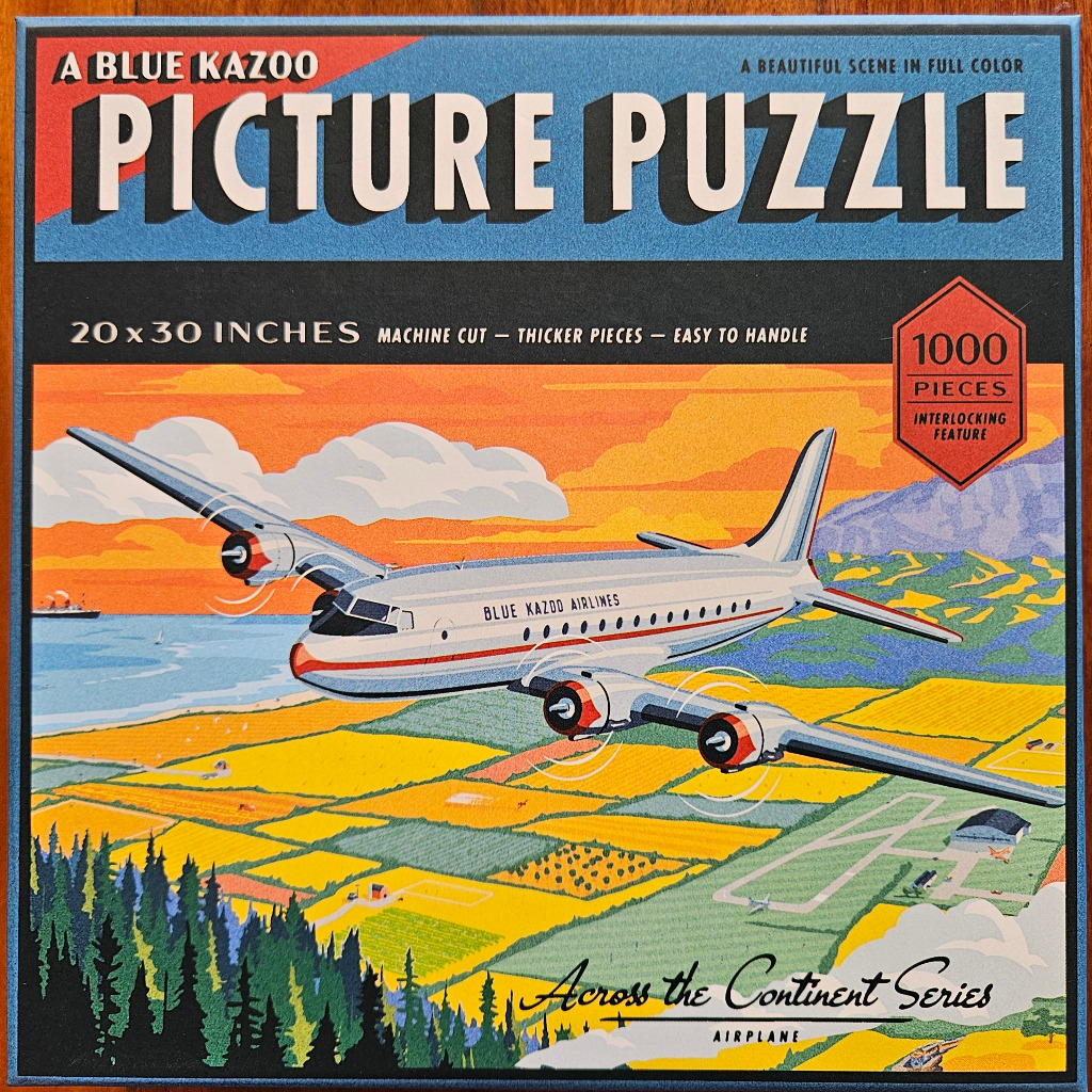 Vintage-style illustration of a propeller airplane flying over a coastal landscape at sunset.