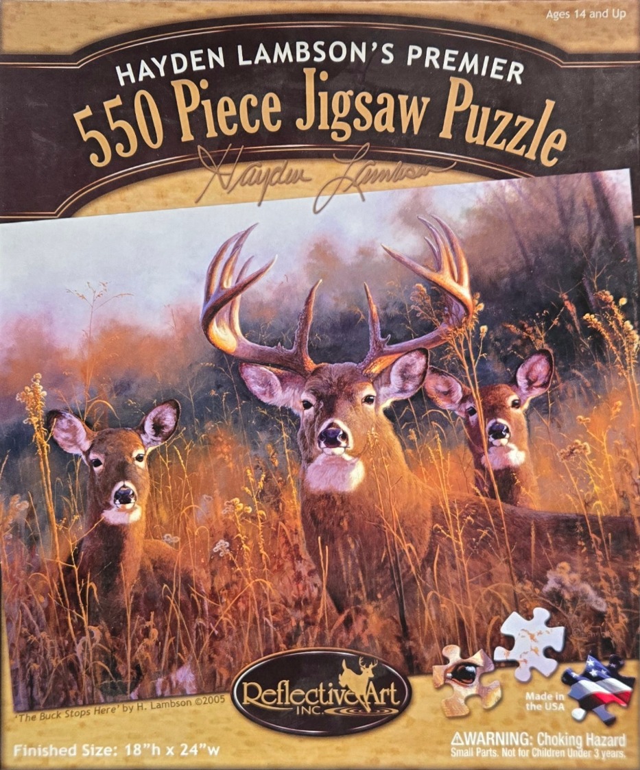 An oil painting of three deer standing in a field of tall, golden-brown grasses during sunset.