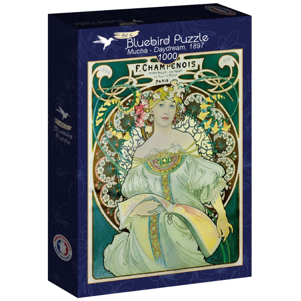 Art Nouveau illustration of a woman in a pale green dress titled Daydream by Alphonse Mucha