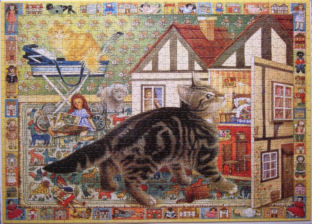 An illustration of a large tabby cat walking through a dollhouse, surrounded by a border of small vignettes.