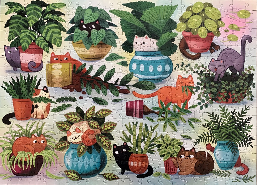 A whimsical illustration of various cats interacting with potted houseplants.