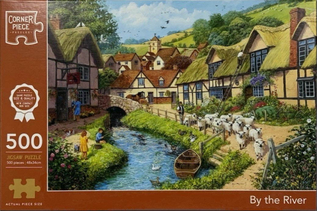 A peaceful English village scene with thatched cottages, a stream, a flock of sheep, and people enjoying a sunny day.
