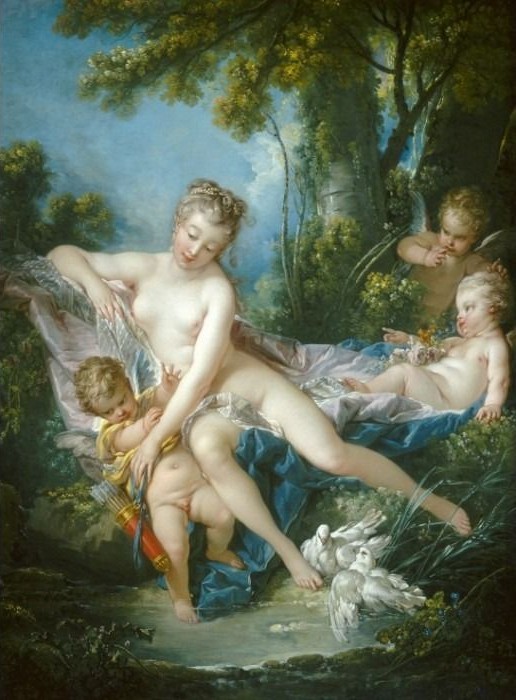 A classical painting of a reclining goddess with cherubs and white doves in a lush, pastoral forest setting.