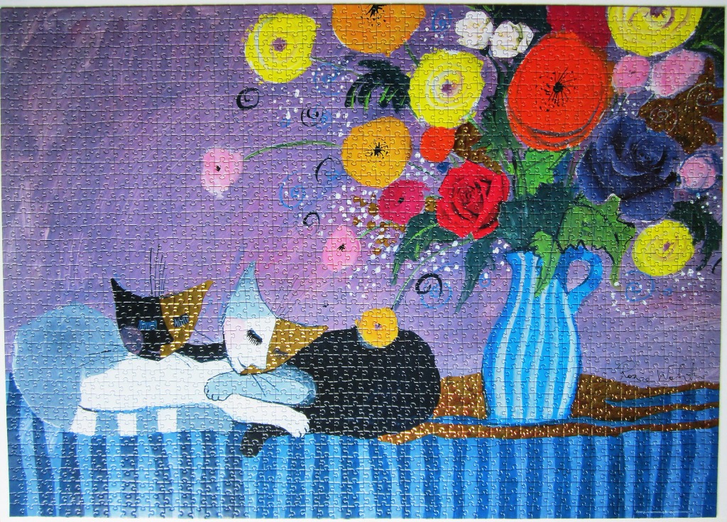 Stylized painting of two cats resting next to a vibrant bouquet of flowers in a blue striped vase.