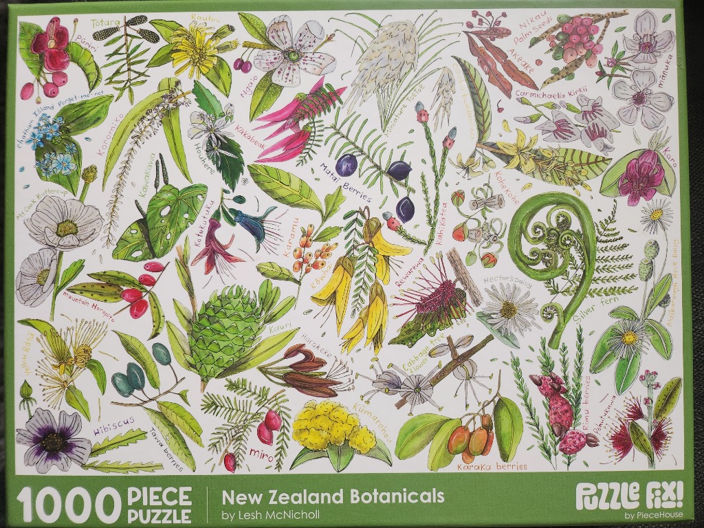 Botanical illustration of various New Zealand native plants, flowers, and berries on a white background.