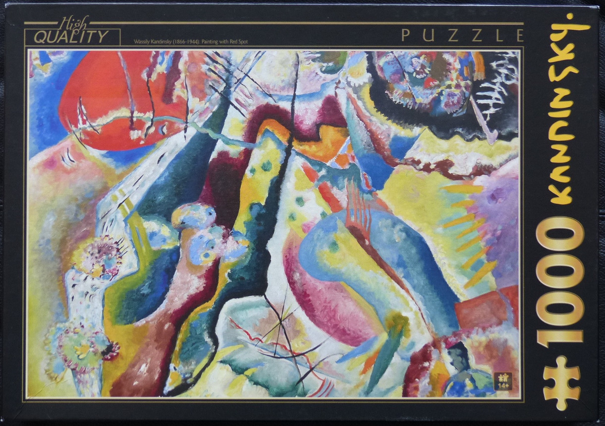 Painting with Red Spot by Wassily Kandinsky, an abstract expressionist work with vibrant, overlapping shapes and lines.