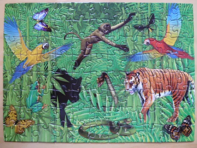 A lush rainforest scene filled with a variety of colorful wild animals and butterflies.