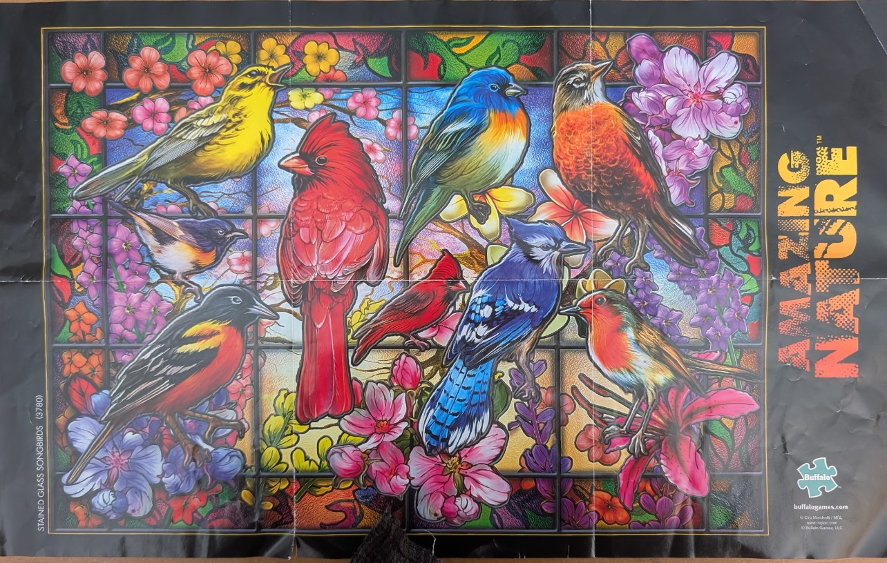 A collection of colorful songbirds perched amidst vibrant flowers, designed in a stained-glass style.
