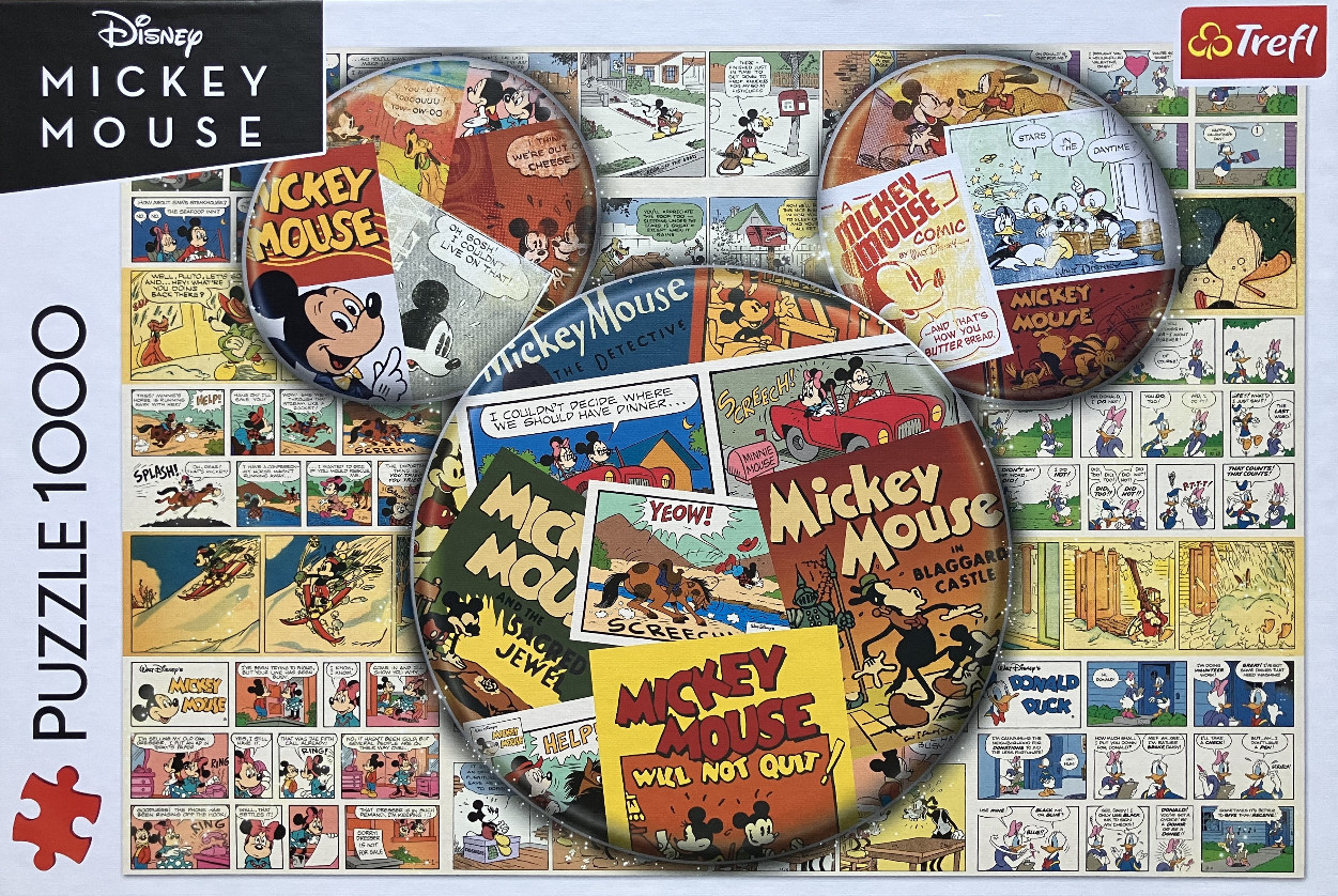 A collage of vintage Mickey Mouse comic strips layered with large, circular highlights featuring classic comic art.