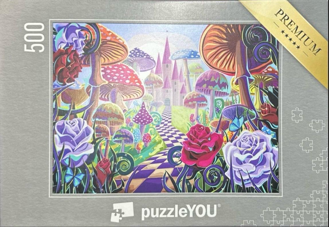 Whimsical fantasy illustration of a fairy tale castle path surrounded by oversized colorful mushrooms and flowers.