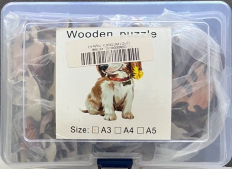 An illustration of a brown and white puppy wearing a red collar and a yellow flower behind its ear.