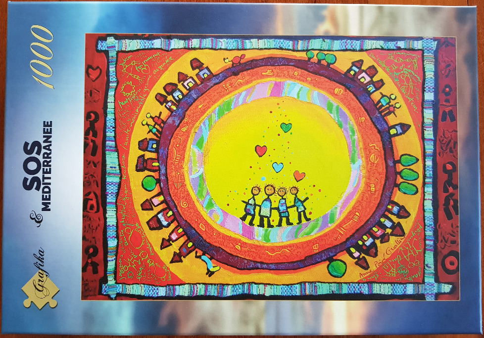 Whimsical illustration of children holding hands in a circle within a vibrant, multi-layered sun and village landscape.
