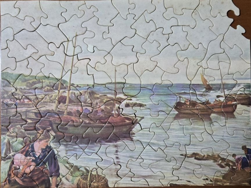 An illustration of a coastal village scene featuring a woman with a child and two small fishing boats on the water.