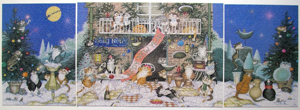 A whimsical triptych illustration featuring many cats celebrating a snowy Christmas and New Year.