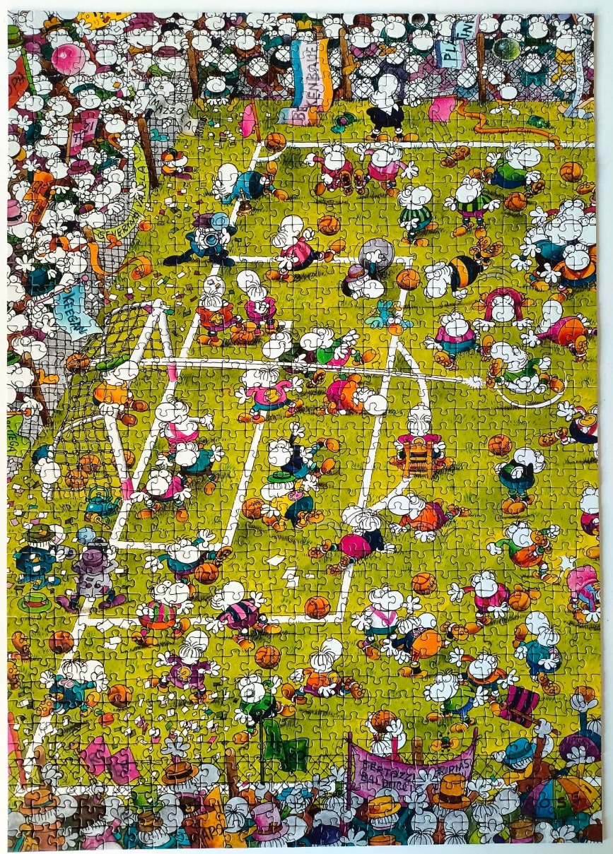 A crowded, chaotic cartoon soccer match featuring dozens of comical, big-nosed figures on a bright green field.