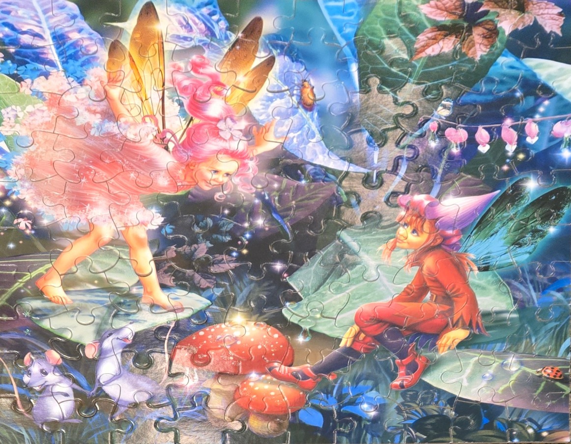 Two whimsical fairies in a magical forest with mushrooms, mice, and sparkling light effects.