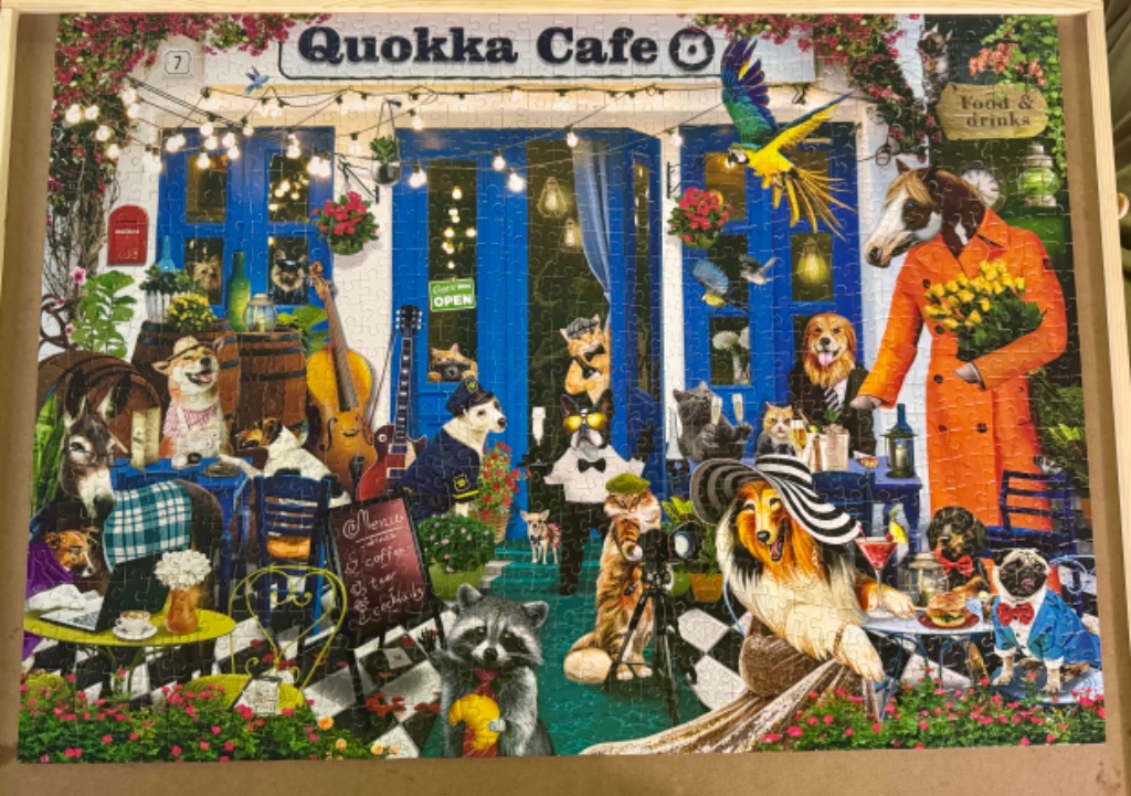 An illustration of a whimsical cafe populated by anthropomorphic animals.