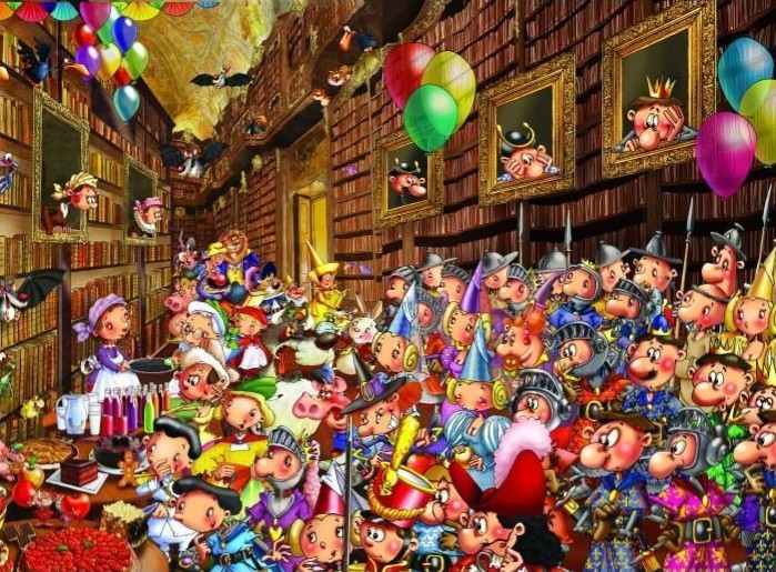 A crowded library party scene filled with whimsical, cartoonish characters from fairy tales and folklore.