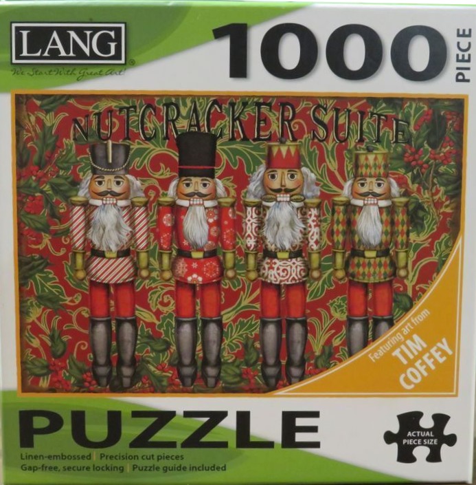 A whimsical illustration of four decorative nutcrackers standing in a row against a backdrop of holly leaves and berries.