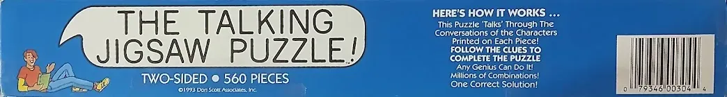 Graphic text logo for 'The Talking Jigsaw Puzzle' on a blue background with a small illustration of a man.