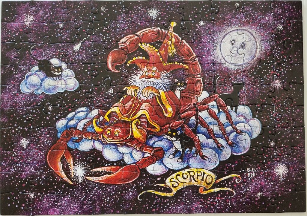 A whimsical illustration of a wizard riding a giant scorpion against a starry night sky.