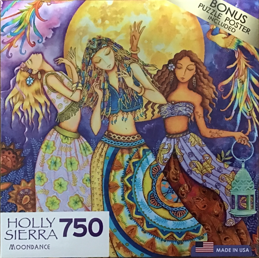 An illustration of three women dancing in front of a giant full moon surrounded by colorful phoenix-like birds.