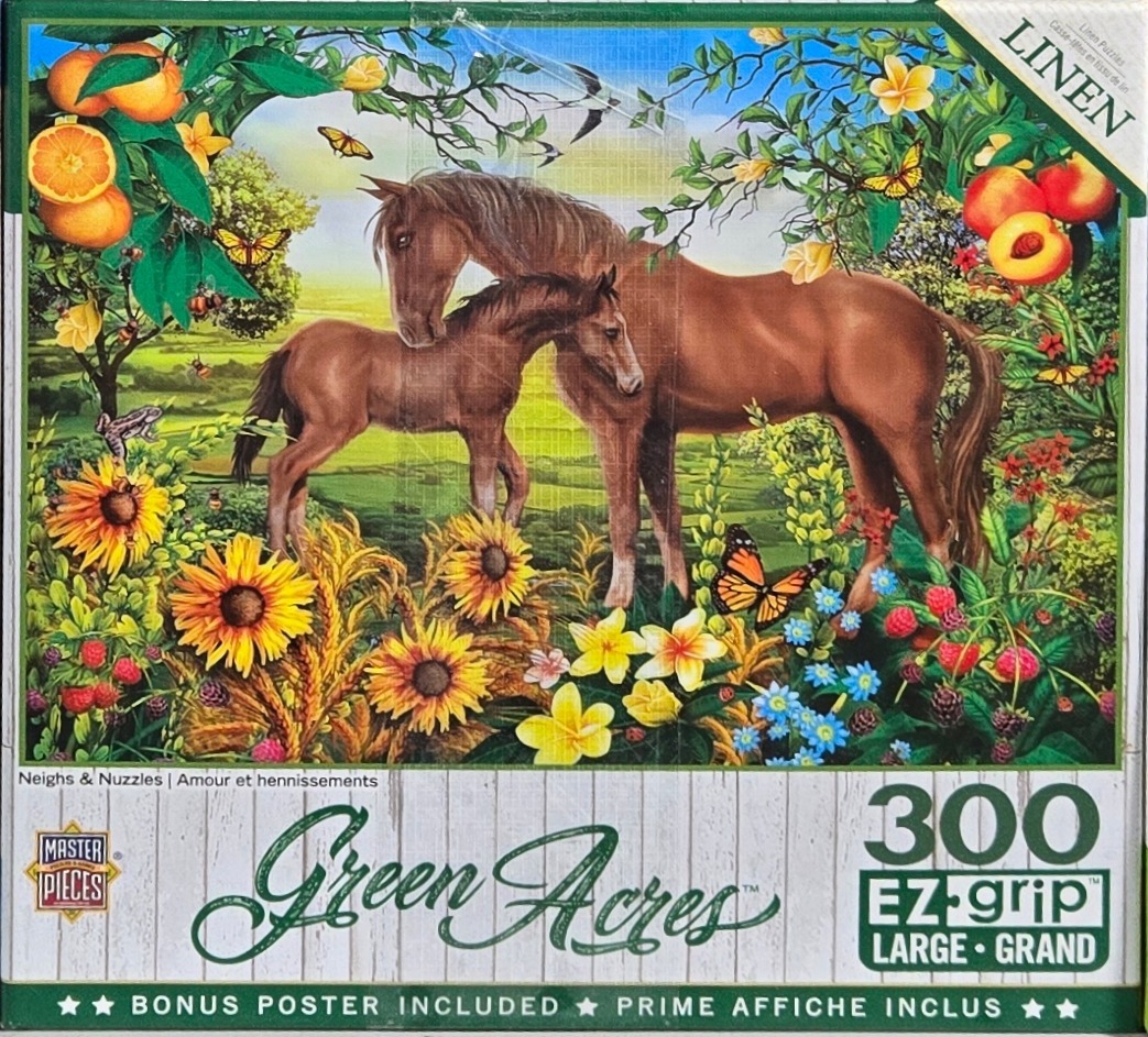 A brown mare and her foal stand in a sunlit meadow filled with vibrant sunflowers, citrus trees, and butterflies.