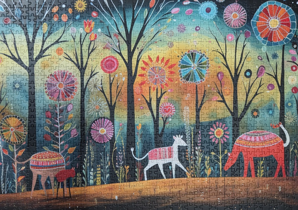 Whimsical folk art illustration of stylized animals in a forest with circular floral patterns