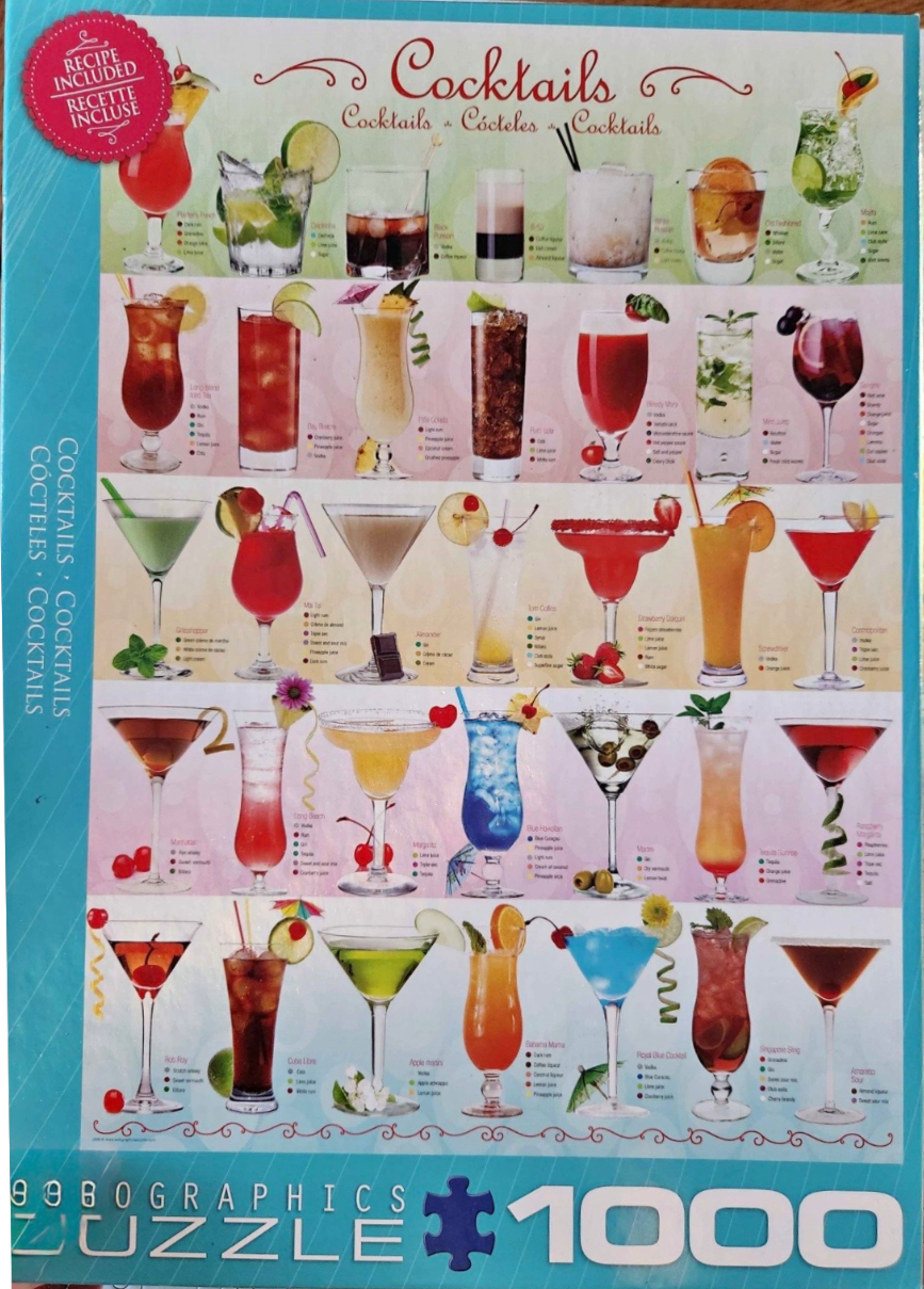 A collage of thirty different cocktail drinks in glassware, arranged in a grid against a soft blue and white background.