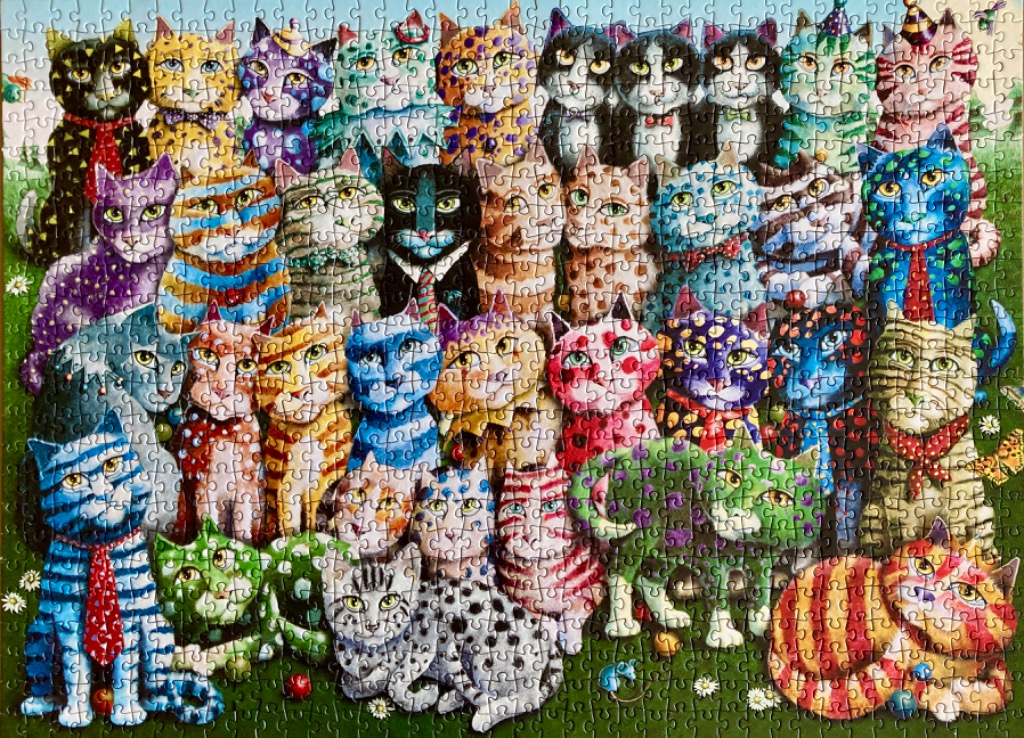 A dense illustration of dozens of colorful, whimsical cats packed together in a garden setting.