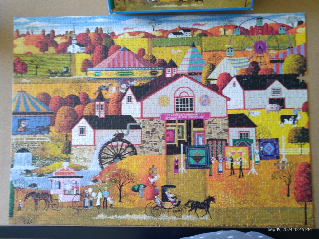 Folk art illustration of an autumn country fair featuring a water mill, horse-drawn carriages, and a quilt display.