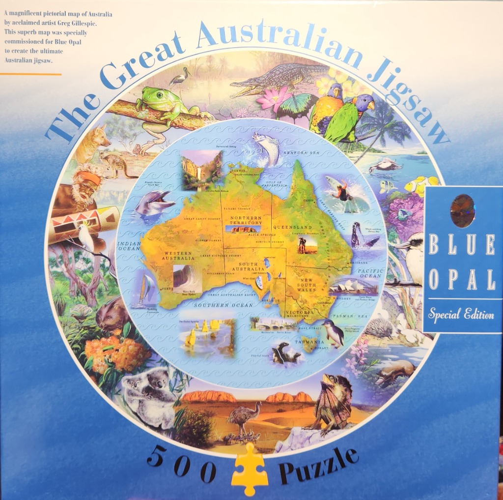 A circular pictorial map of Australia surrounded by various native Australian animals and iconic landmarks.