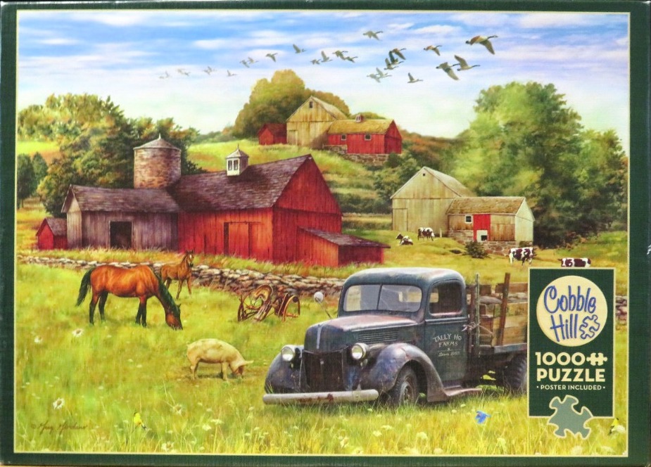A rural farm scene with a vintage truck, grazing horses, a pig, and a flock of geese in a sunny landscape.