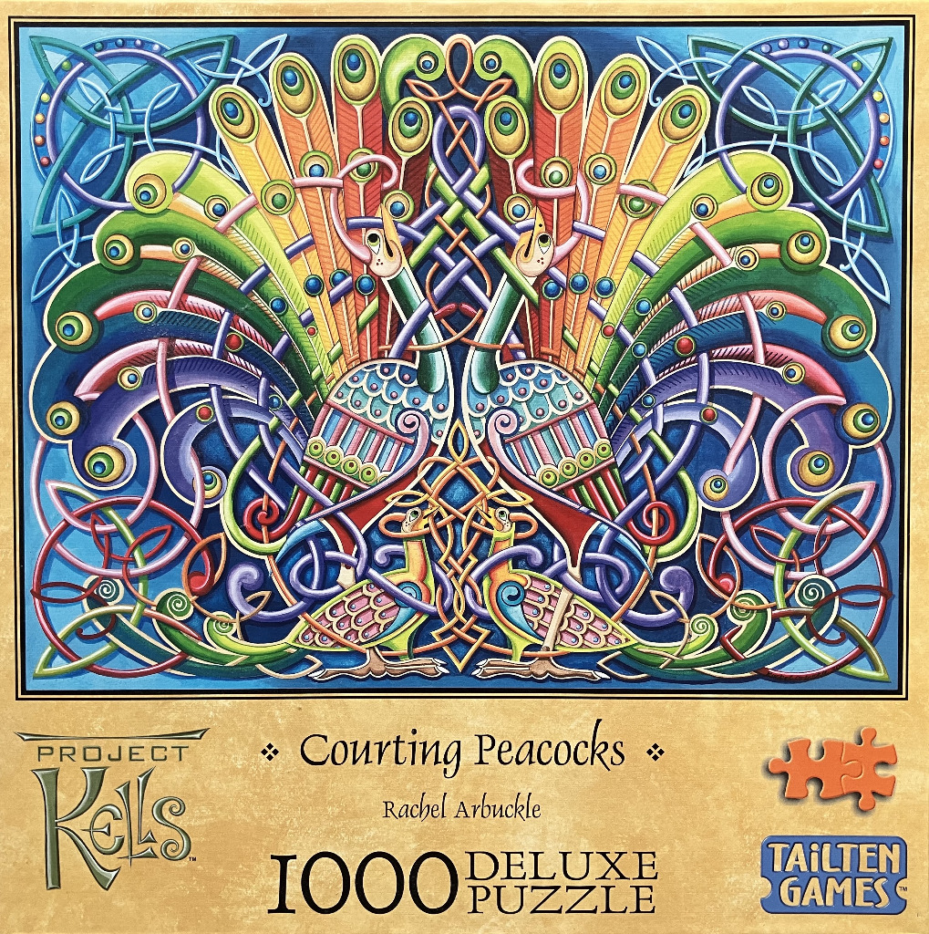 An intricate illustration of two peacocks and two smaller birds surrounded by elaborate Celtic knotwork.
