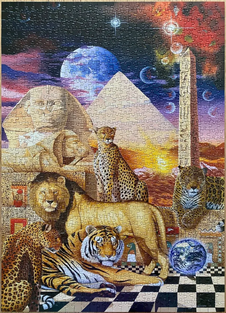 Surrealist painting featuring African and Asian big cats arranged before the Great Pyramids and Egyptian monuments.